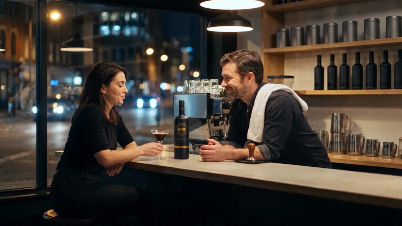 AI version: a woman and bartender face each other across a light-colored bar