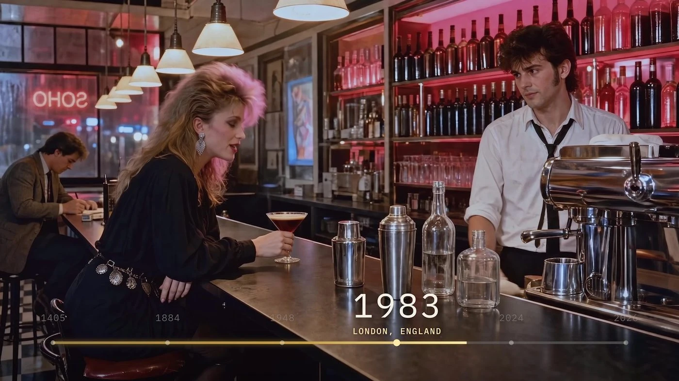 A customer talking to a bartender in the film's London espresso martini scene