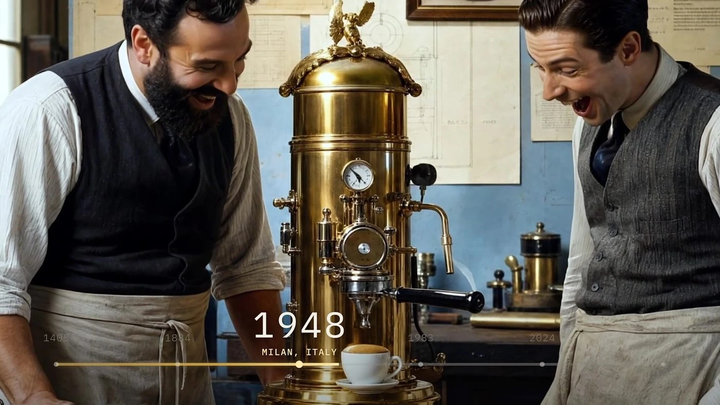 An espresso machine and two men in the film's Milan scene