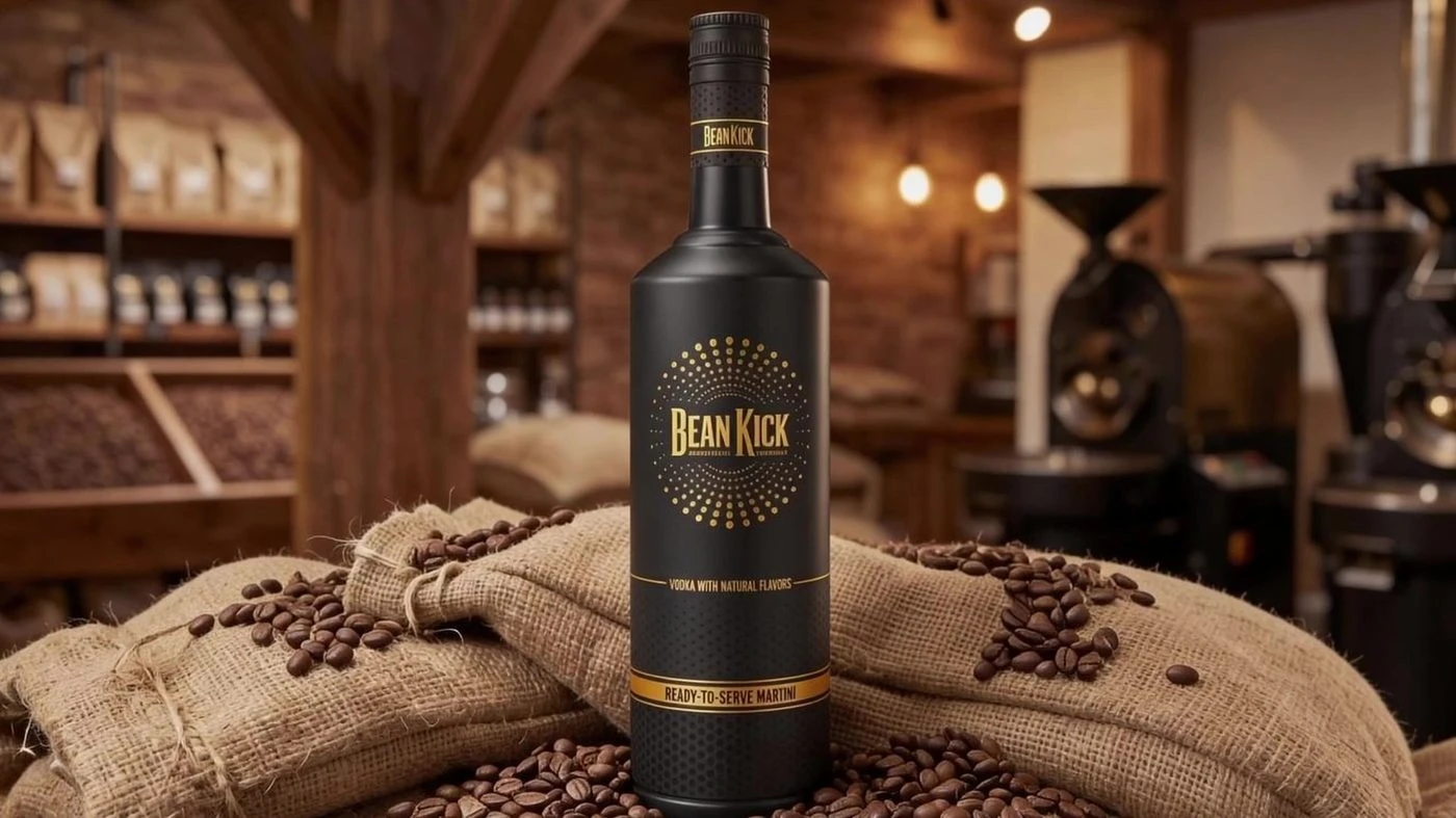 AI product scene: a Bean Kick bottle on coffee sacks inside a distillery
