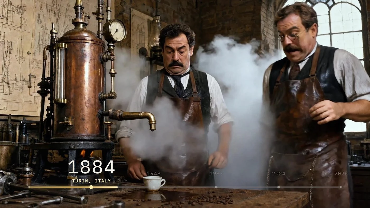 Two men beside a steaming espresso machine in the film's Turin scene